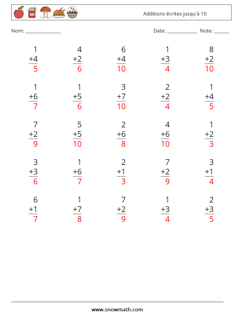 (25) Additions écrites jusqu'à 10 Fiches d'Exercices de Mathématiques 4 Question, Réponse