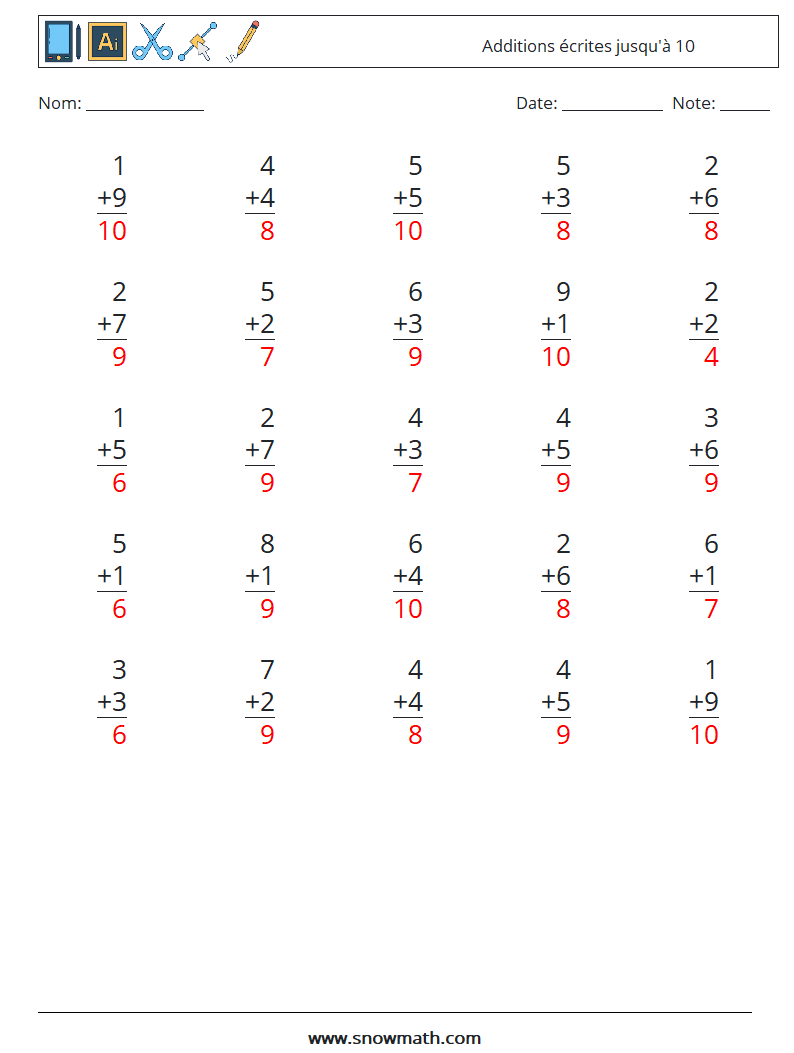 (25) Additions écrites jusqu'à 10 Fiches d'Exercices de Mathématiques 5 Question, Réponse