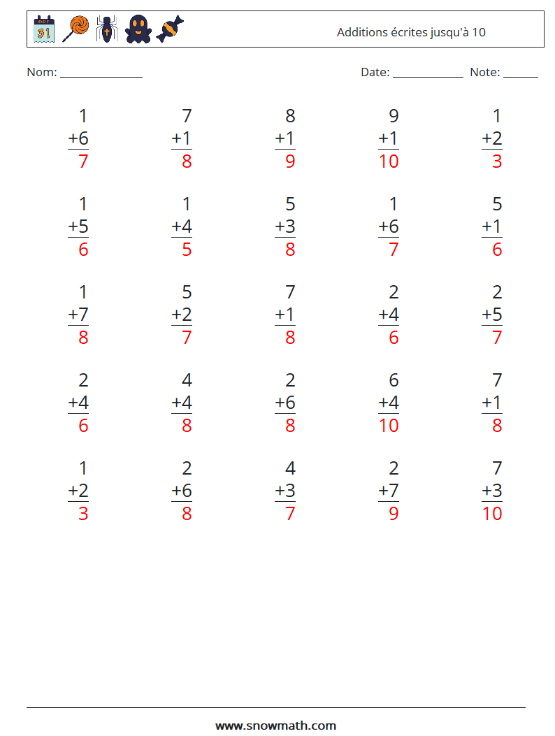 (25) Additions écrites jusqu'à 10 Fiches d'Exercices de Mathématiques 6 Question, Réponse