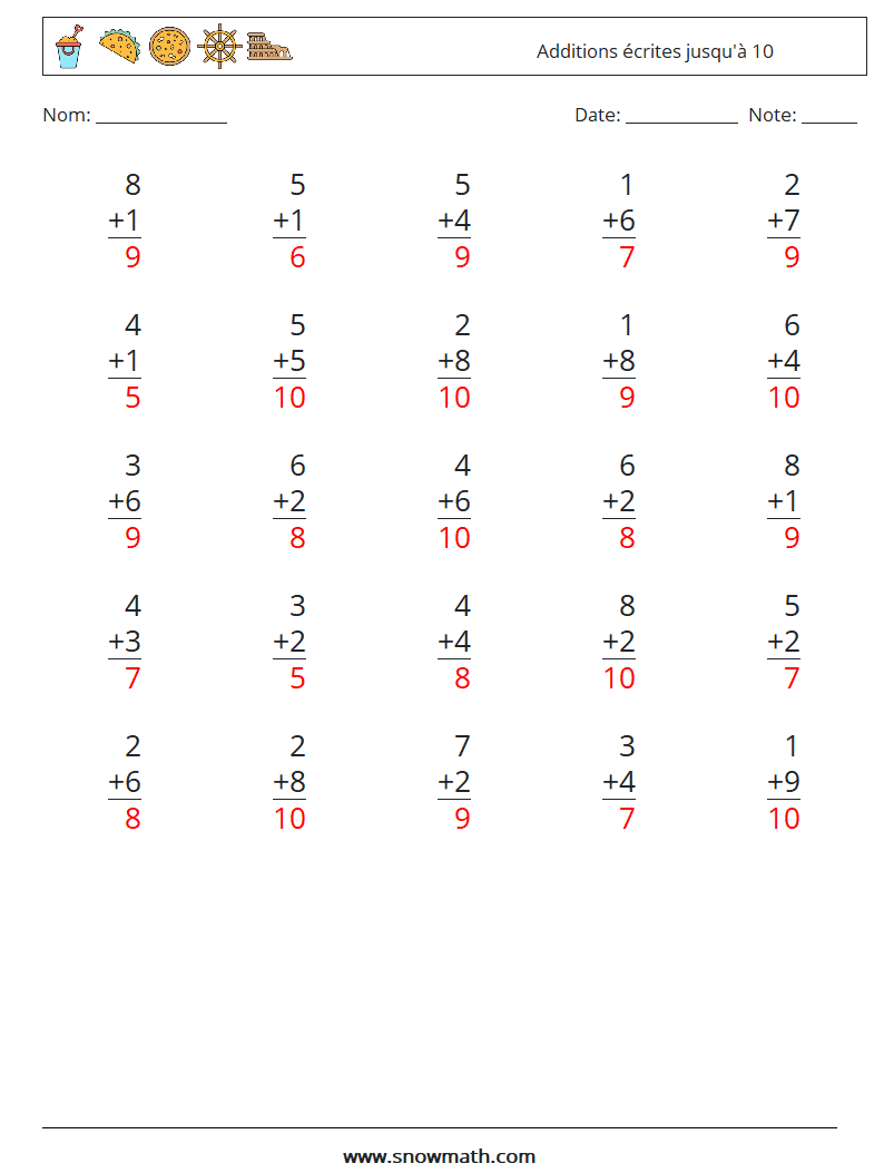 (25) Additions écrites jusqu'à 10 Fiches d'Exercices de Mathématiques 7 Question, Réponse