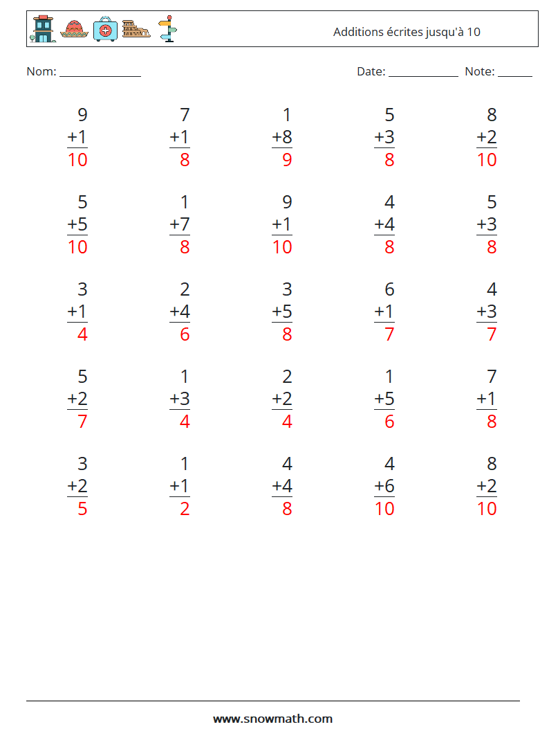 (25) Additions écrites jusqu'à 10 Fiches d'Exercices de Mathématiques 9 Question, Réponse