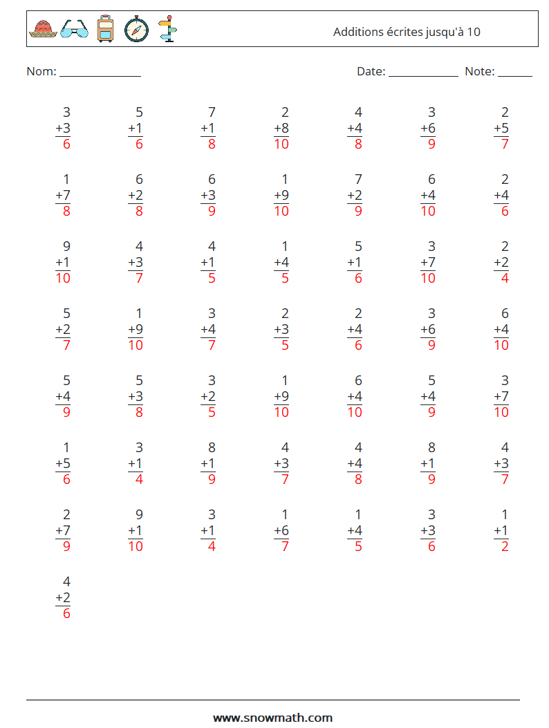 (50) Additions écrites jusqu'à 10 Fiches d'Exercices de Mathématiques 1 Question, Réponse