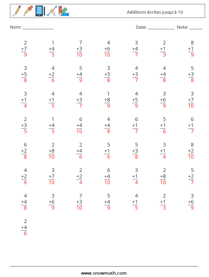 (50) Additions écrites jusqu'à 10 Fiches d'Exercices de Mathématiques 2 Question, Réponse
