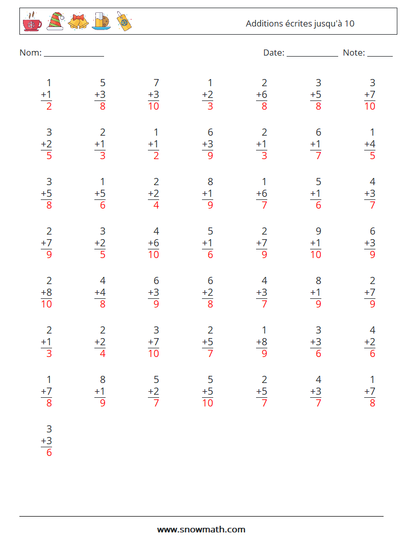 (50) Additions écrites jusqu'à 10 Fiches d'Exercices de Mathématiques 3 Question, Réponse