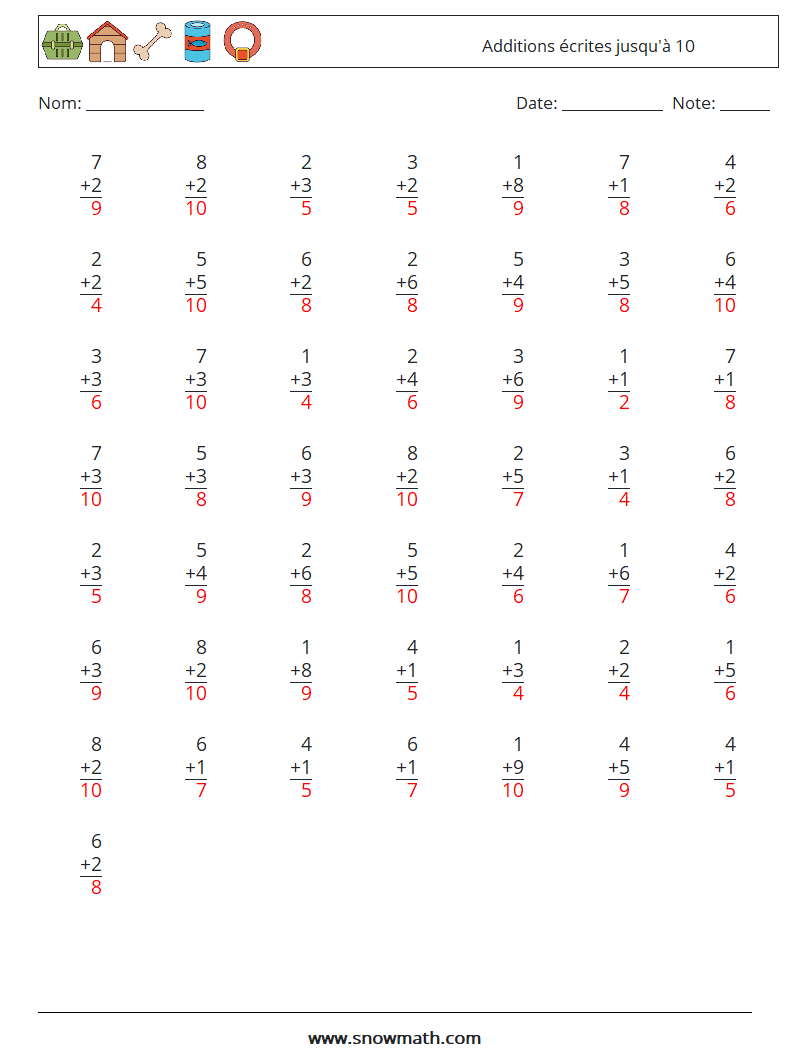 (50) Additions écrites jusqu'à 10 Fiches d'Exercices de Mathématiques 4 Question, Réponse