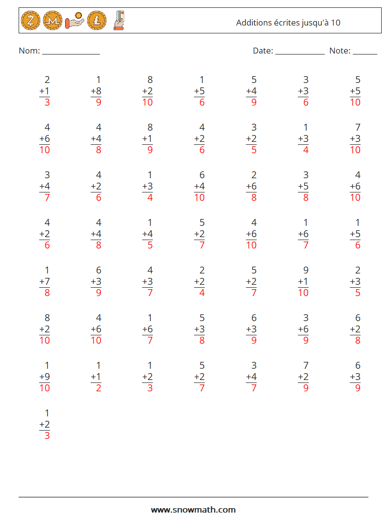 (50) Additions écrites jusqu'à 10 Fiches d'Exercices de Mathématiques 5 Question, Réponse