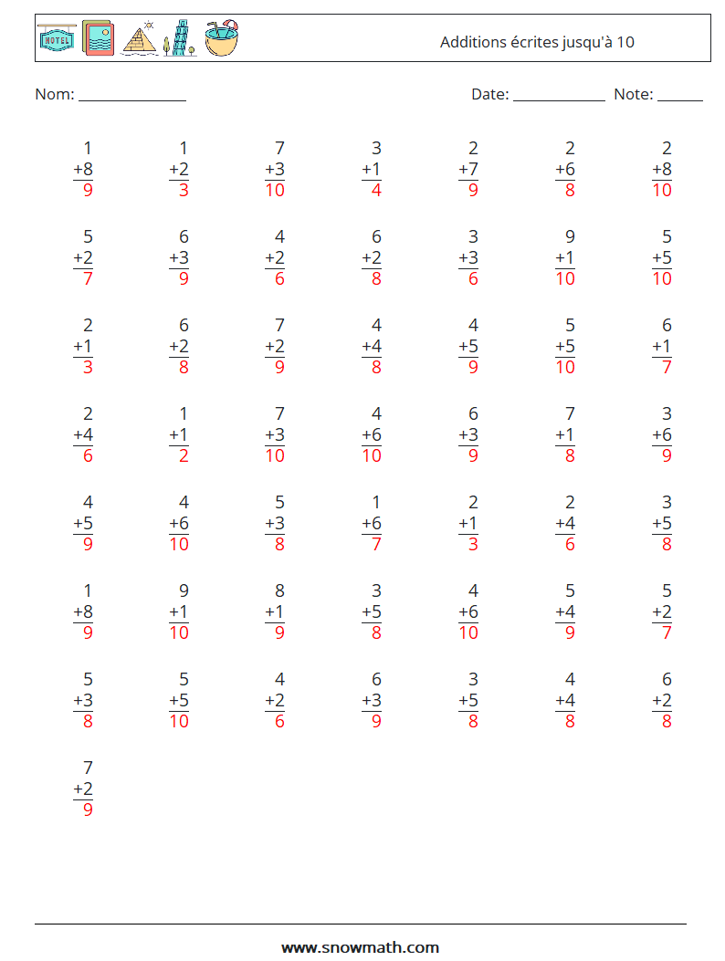 (50) Additions écrites jusqu'à 10 Fiches d'Exercices de Mathématiques 7 Question, Réponse