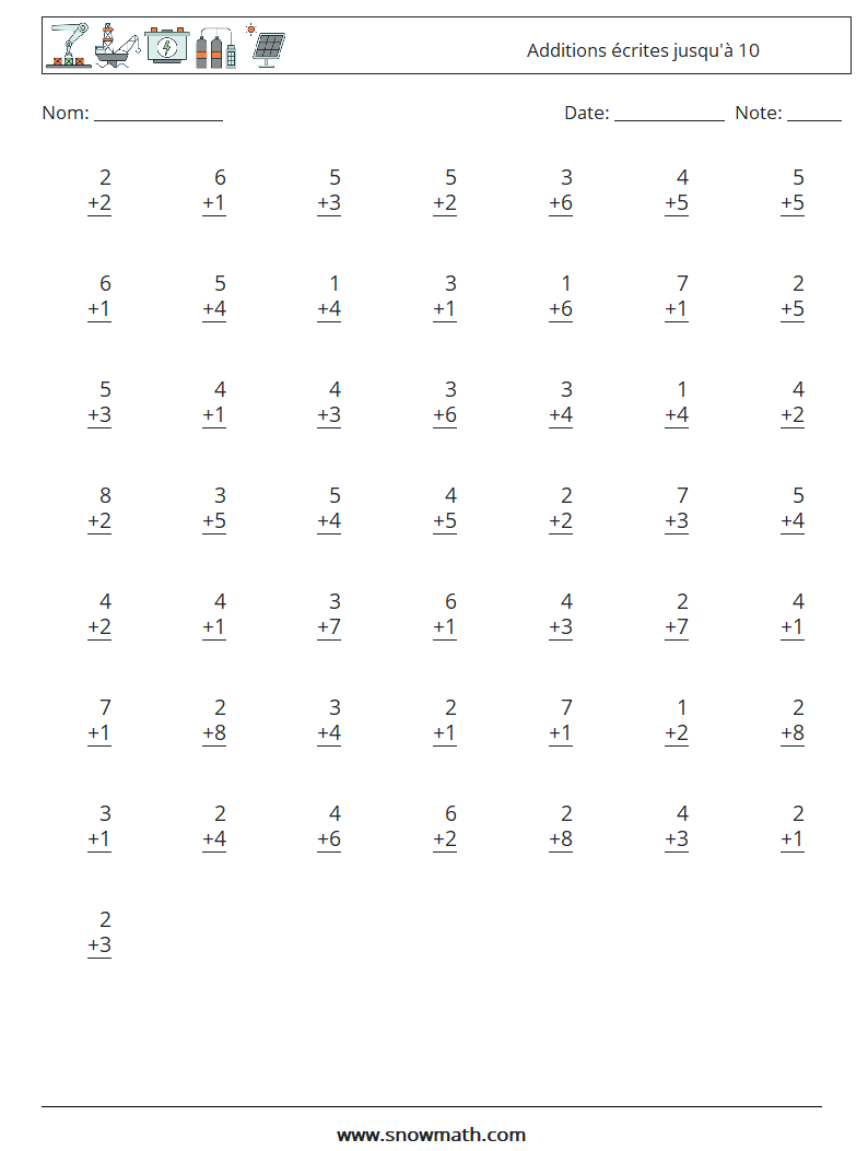 (50) Additions écrites jusqu'à 10 Fiches d'Exercices de Mathématiques 9