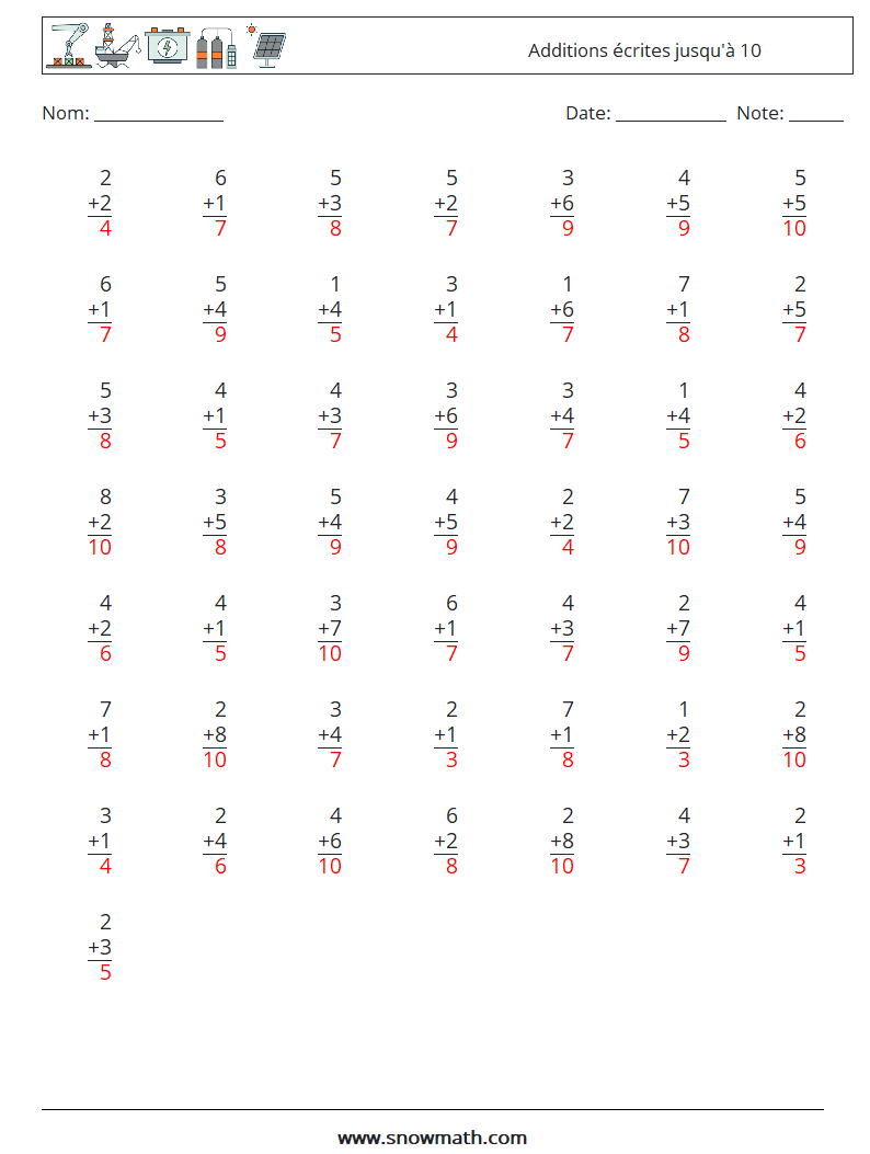 (50) Additions écrites jusqu'à 10 Fiches d'Exercices de Mathématiques 9 Question, Réponse