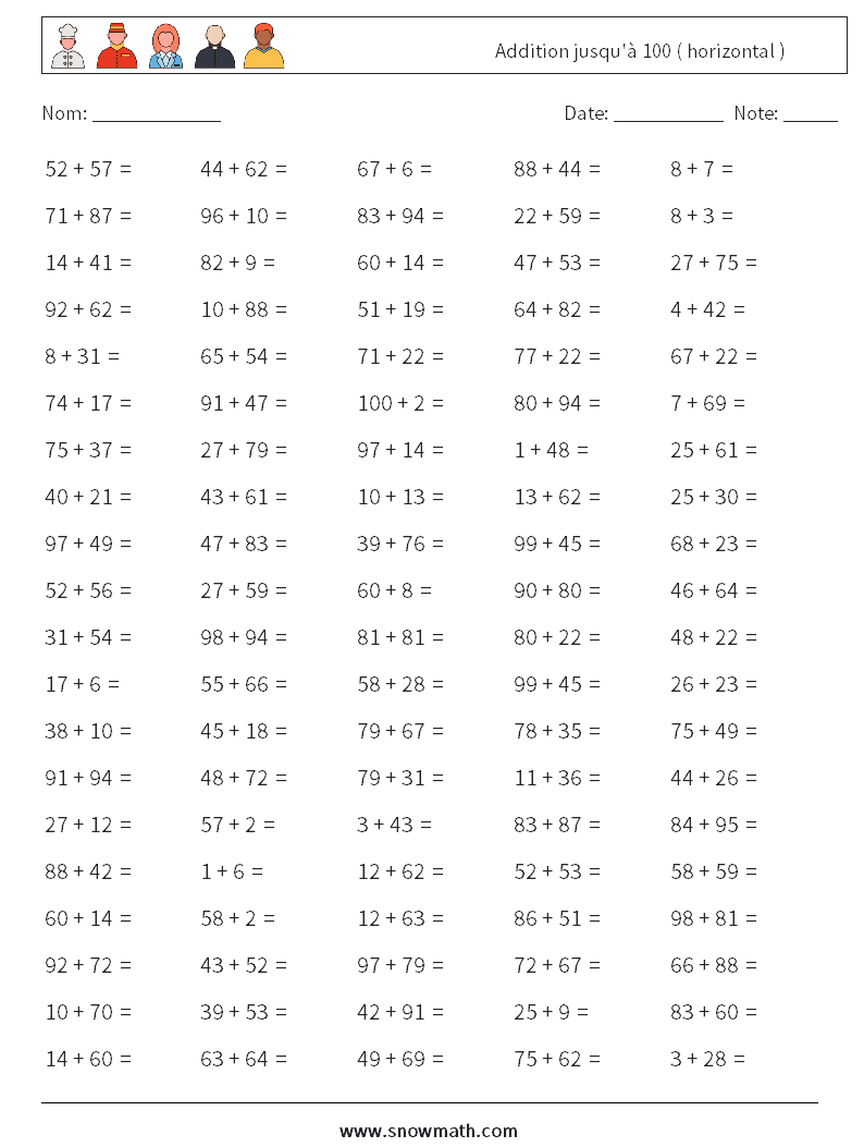 (100) Addition jusqu'à 100 ( horizontal ) Fiches d'Exercices de Mathématiques 1