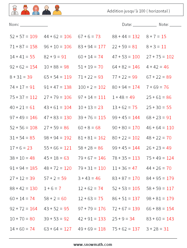 (100) Addition jusqu'à 100 ( horizontal ) Fiches d'Exercices de Mathématiques 1 Question, Réponse