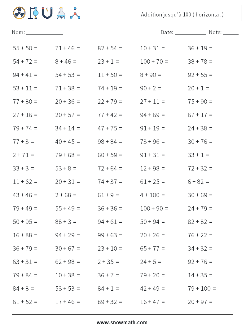 (100) Addition jusqu'à 100 ( horizontal ) Fiches d'Exercices de Mathématiques 2