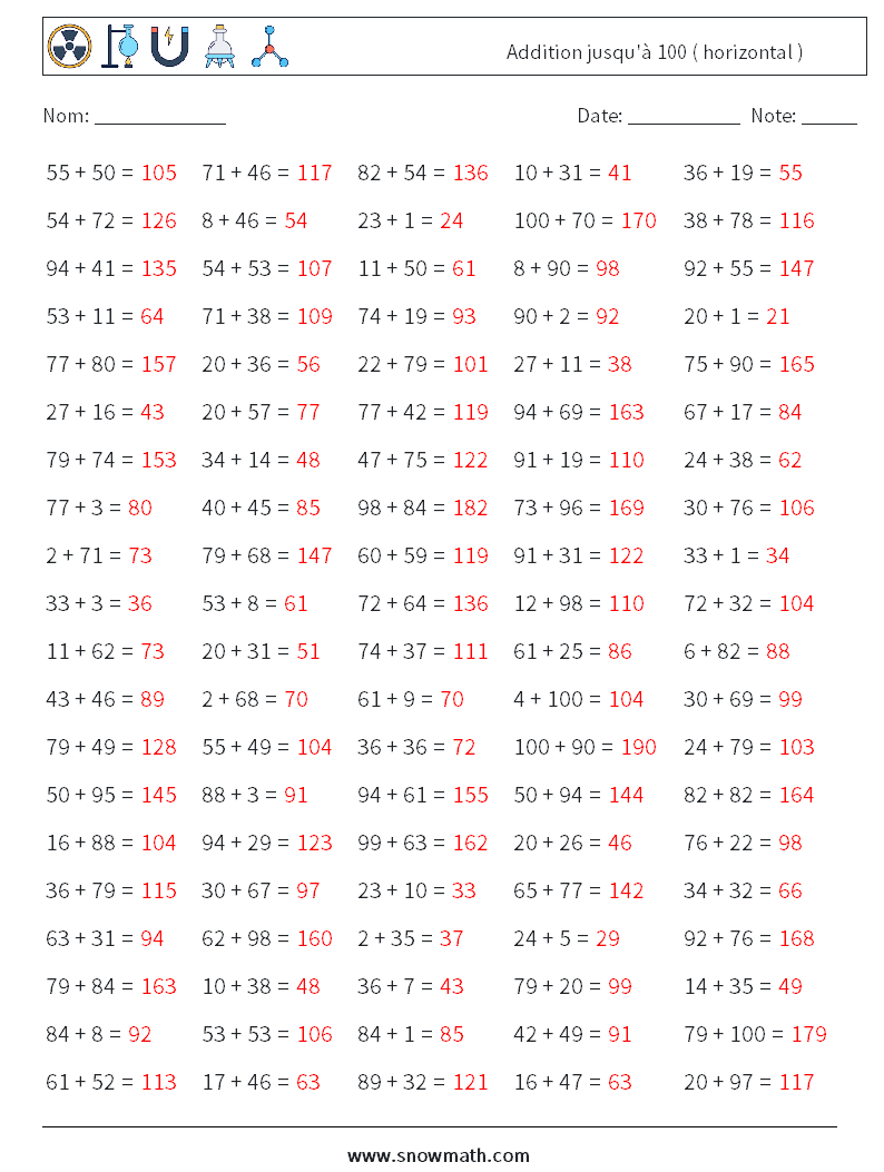 (100) Addition jusqu'à 100 ( horizontal ) Fiches d'Exercices de Mathématiques 2 Question, Réponse