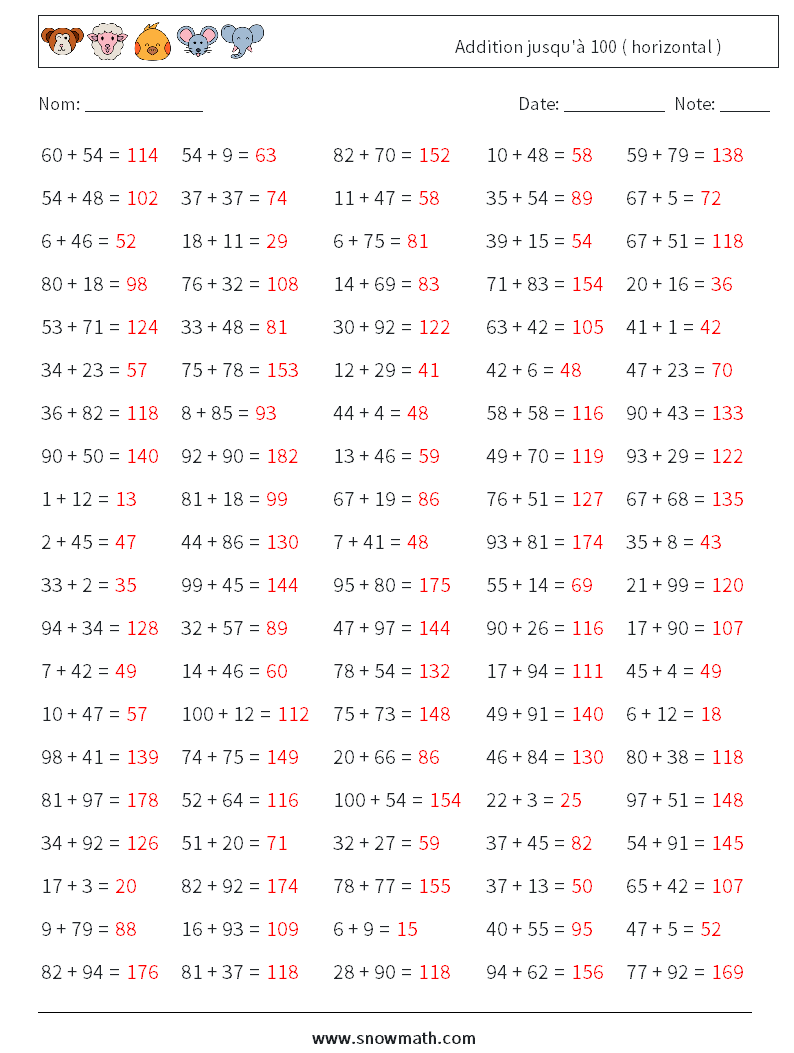 (100) Addition jusqu'à 100 ( horizontal ) Fiches d'Exercices de Mathématiques 3 Question, Réponse