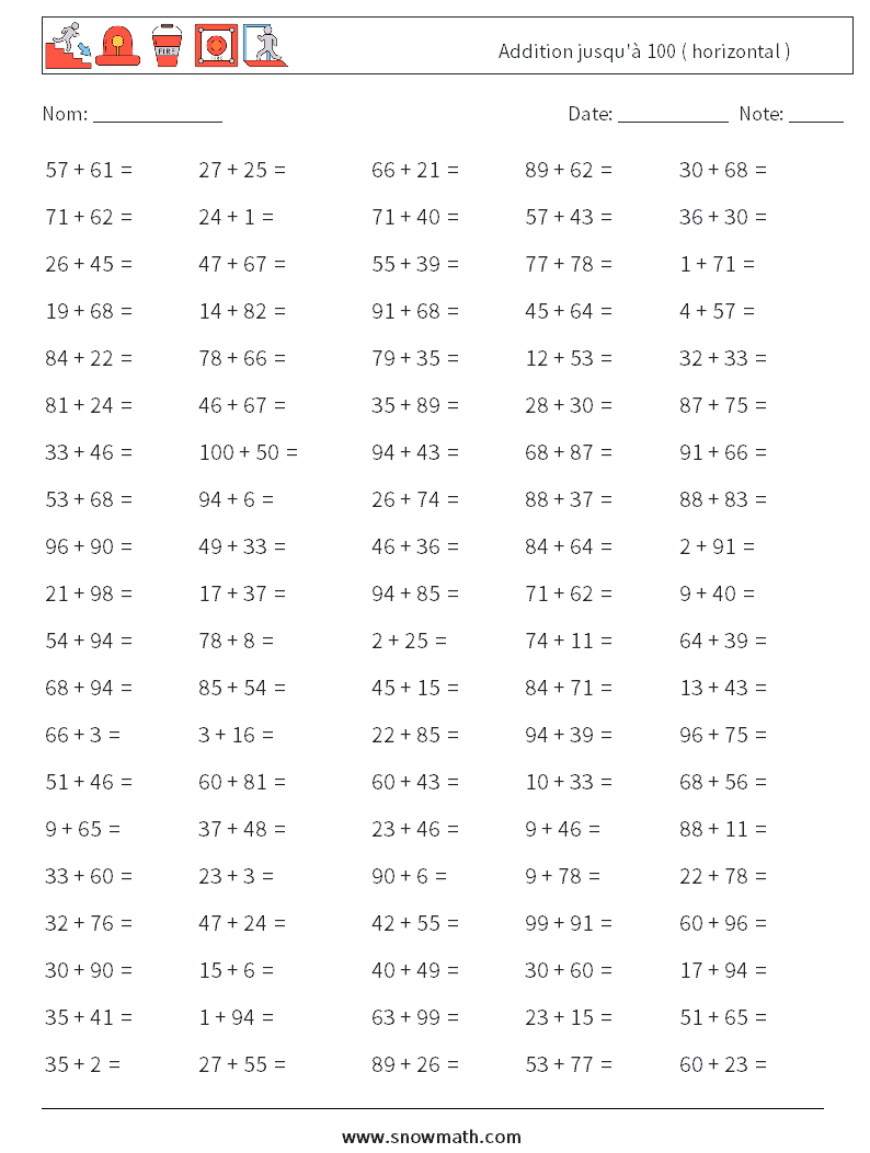 (100) Addition jusqu'à 100 ( horizontal ) Fiches d'Exercices de Mathématiques 4