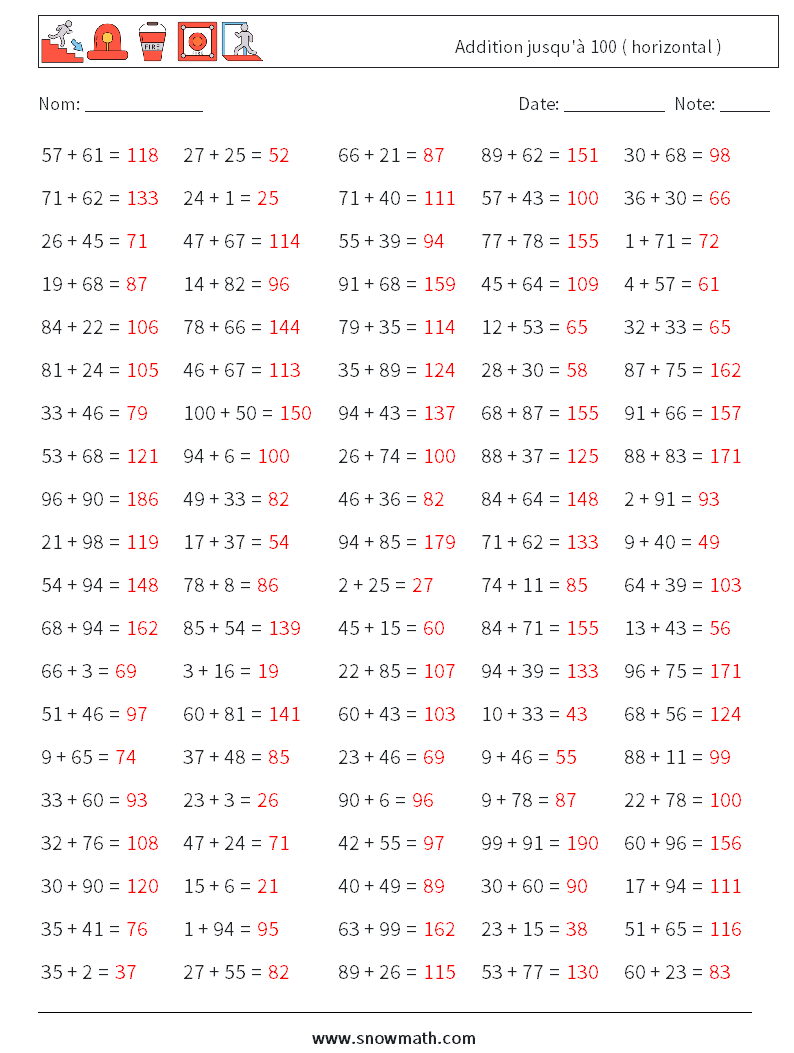 (100) Addition jusqu'à 100 ( horizontal ) Fiches d'Exercices de Mathématiques 4 Question, Réponse