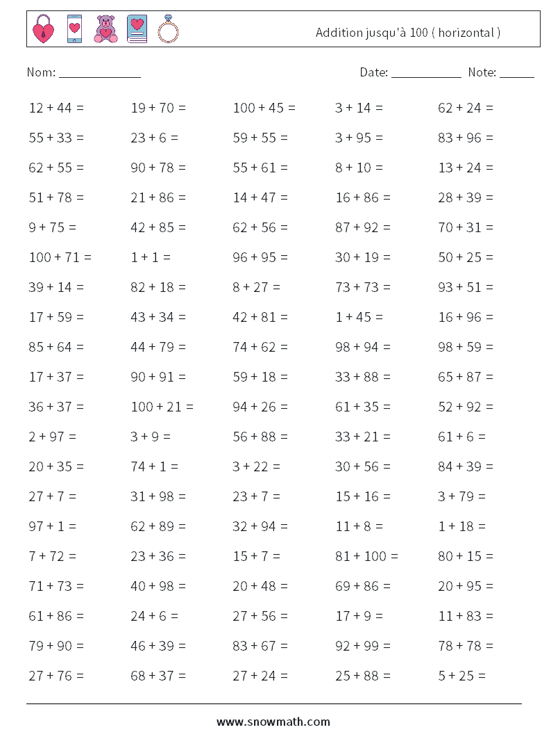 (100) Addition jusqu'à 100 ( horizontal ) Fiches d'Exercices de Mathématiques 5