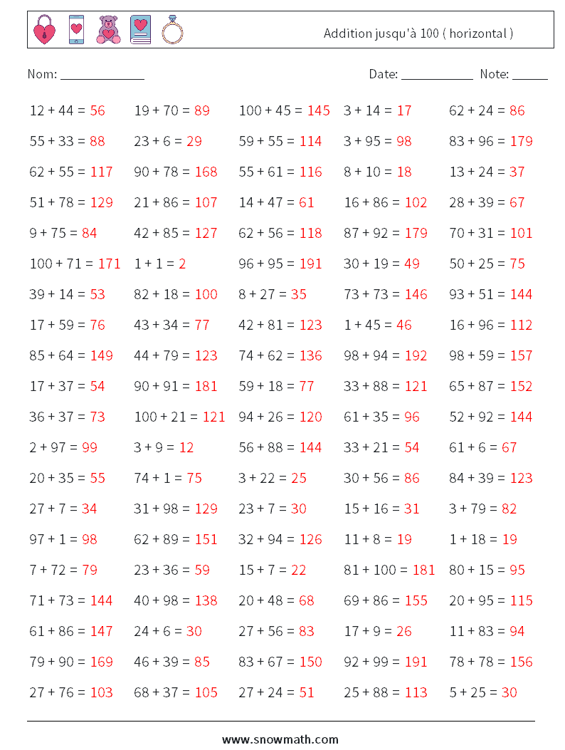 (100) Addition jusqu'à 100 ( horizontal ) Fiches d'Exercices de Mathématiques 5 Question, Réponse