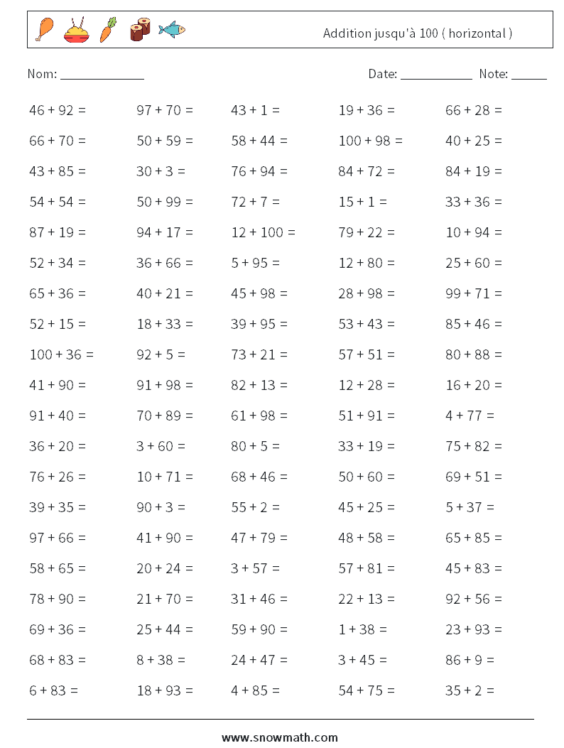 (100) Addition jusqu'à 100 ( horizontal ) Fiches d'Exercices de Mathématiques 6