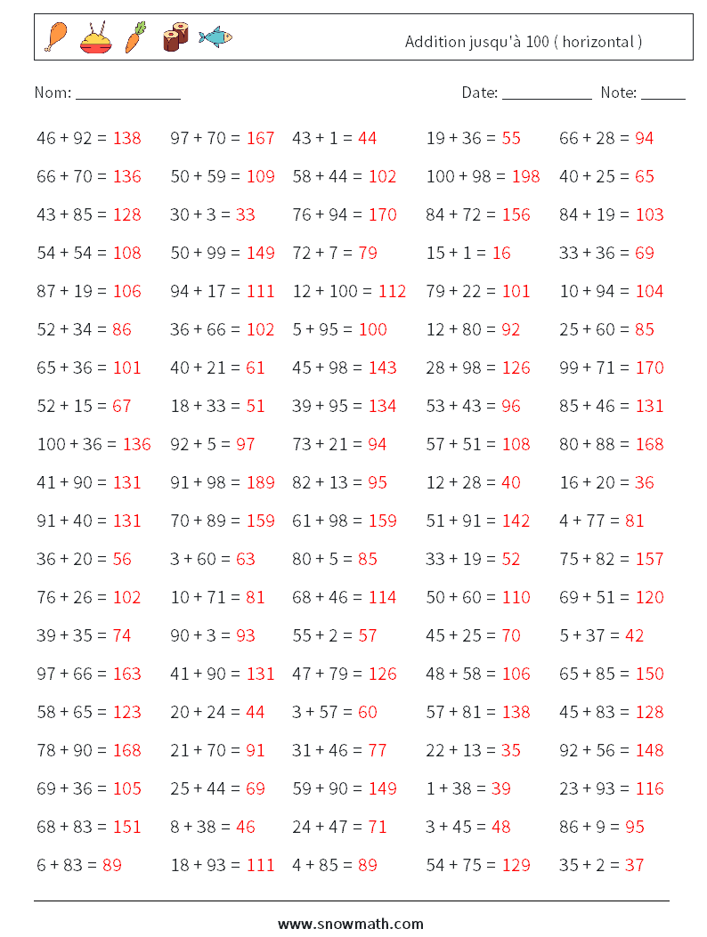 (100) Addition jusqu'à 100 ( horizontal ) Fiches d'Exercices de Mathématiques 6 Question, Réponse