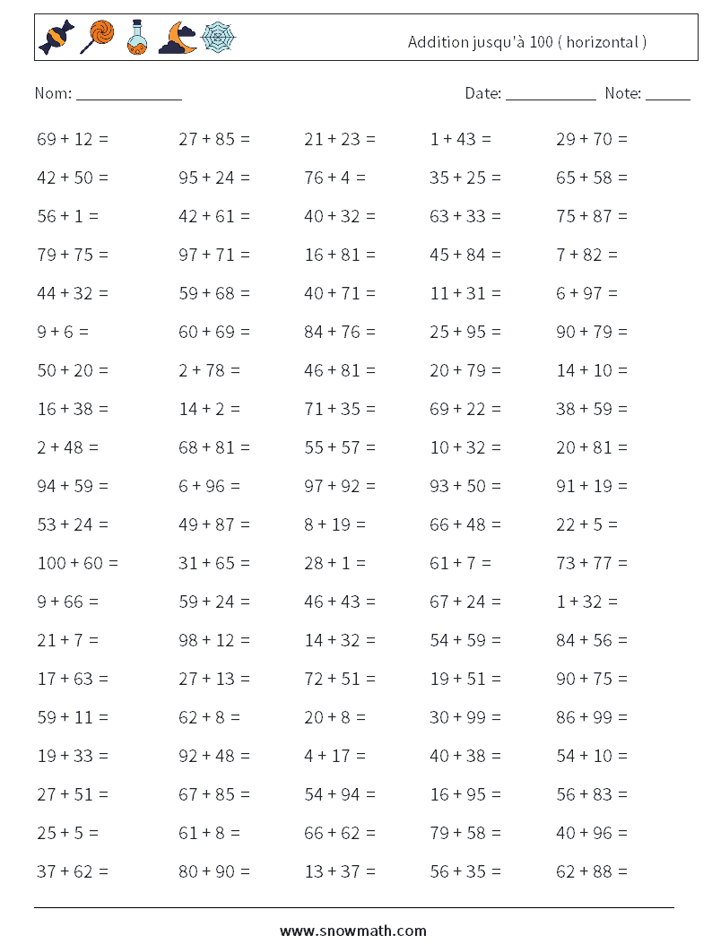 (100) Addition jusqu'à 100 ( horizontal ) Fiches d'Exercices de Mathématiques 7