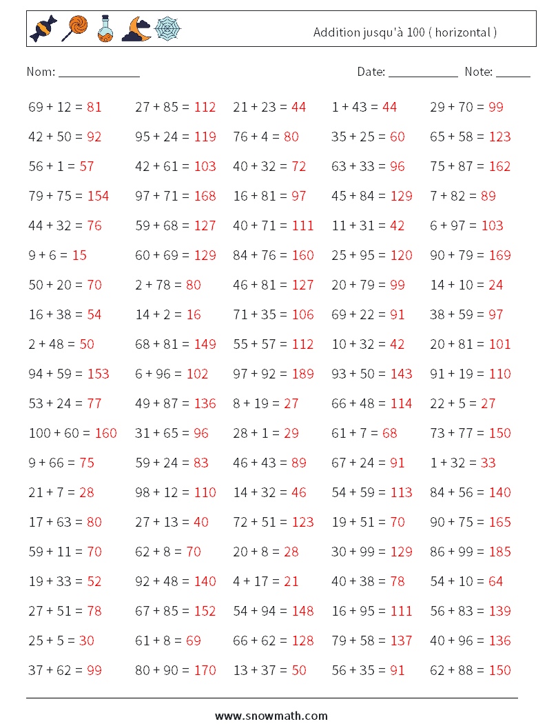 (100) Addition jusqu'à 100 ( horizontal ) Fiches d'Exercices de Mathématiques 7 Question, Réponse