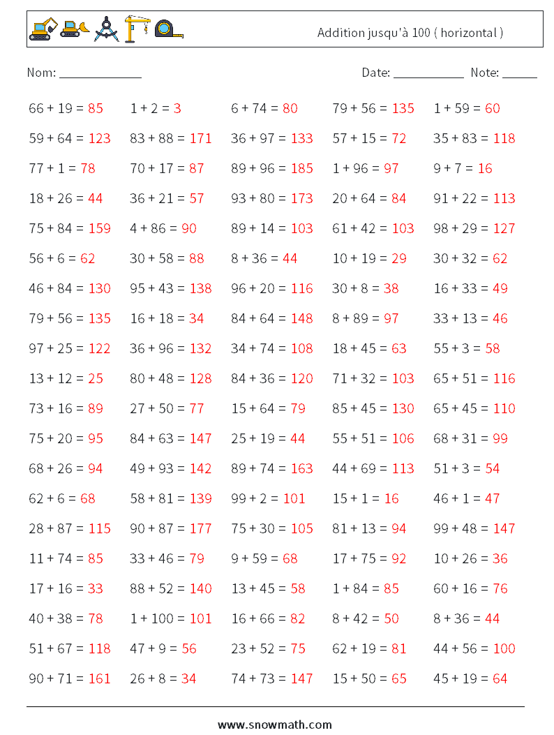 (100) Addition jusqu'à 100 ( horizontal ) Fiches d'Exercices de Mathématiques 8 Question, Réponse