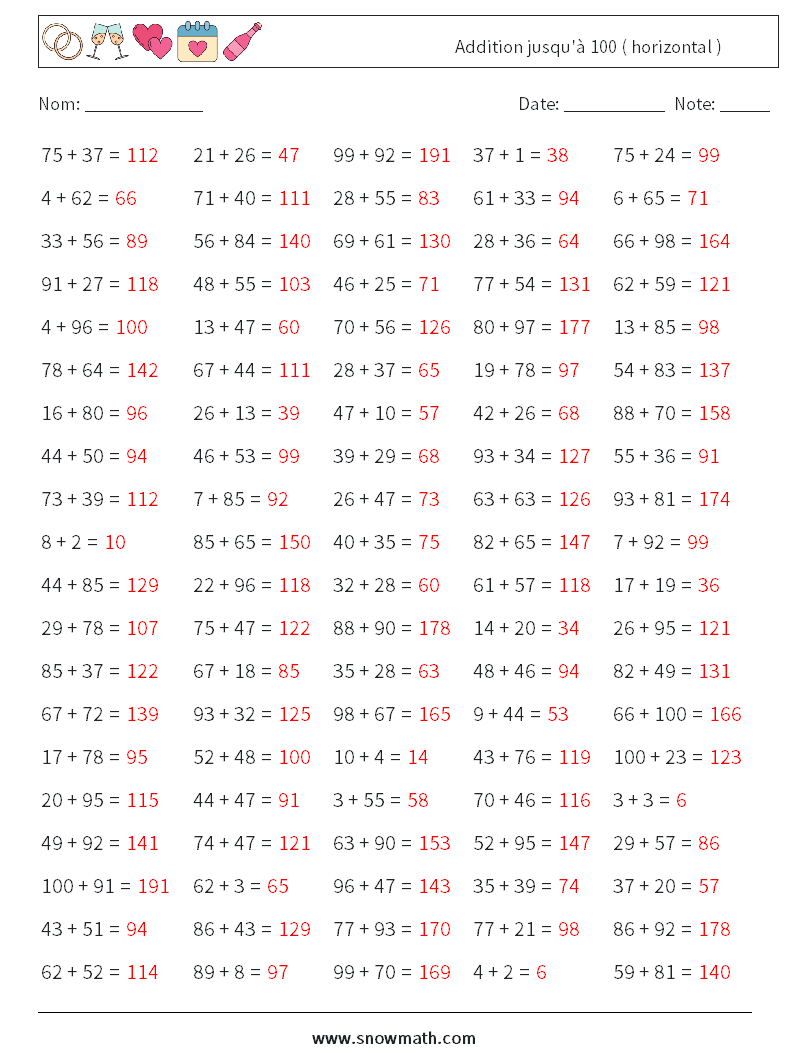 (100) Addition jusqu'à 100 ( horizontal ) Fiches d'Exercices de Mathématiques 9 Question, Réponse