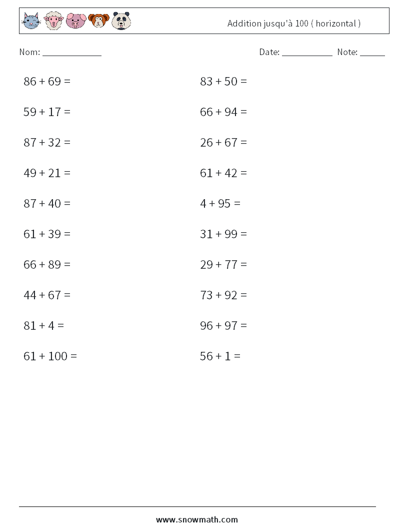 (20) Addition jusqu'à 100 ( horizontal ) Fiches d'Exercices de Mathématiques 4