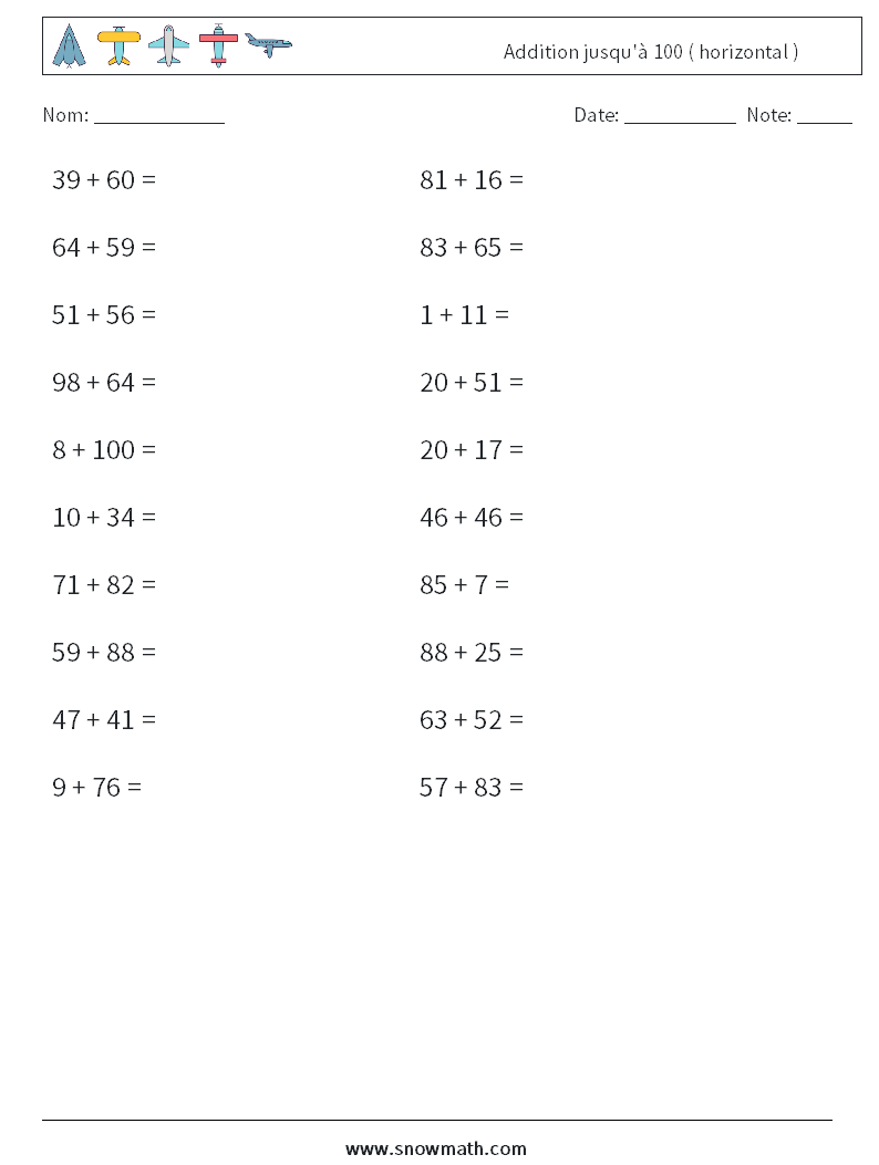 (20) Addition jusqu'à 100 ( horizontal ) Fiches d'Exercices de Mathématiques 7