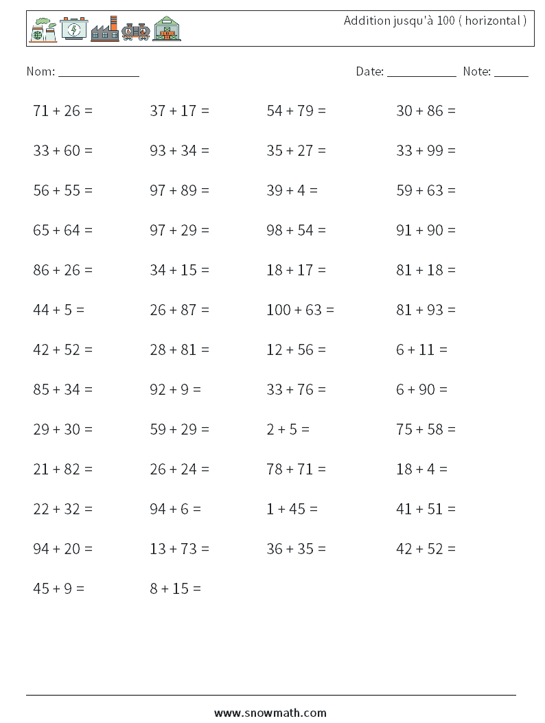 (50) Addition jusqu'à 100 ( horizontal ) Fiches d'Exercices de Mathématiques 1