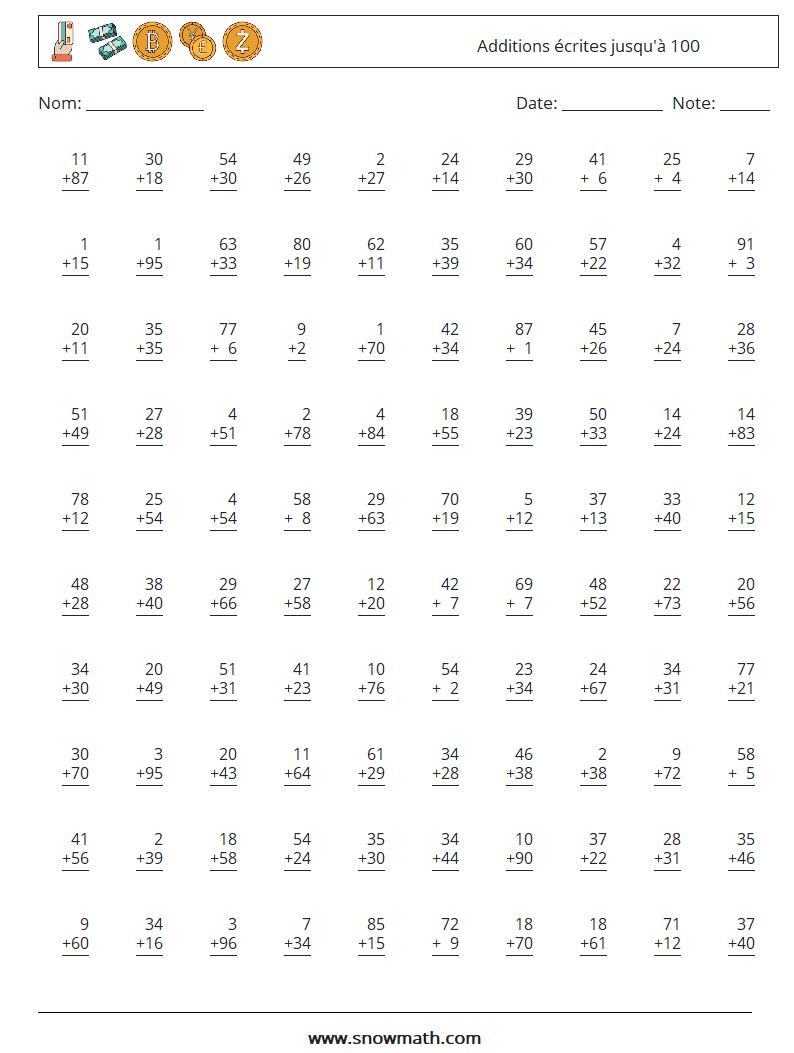 (100) Additions écrites jusqu'à 100 Fiches d'Exercices de Mathématiques 15