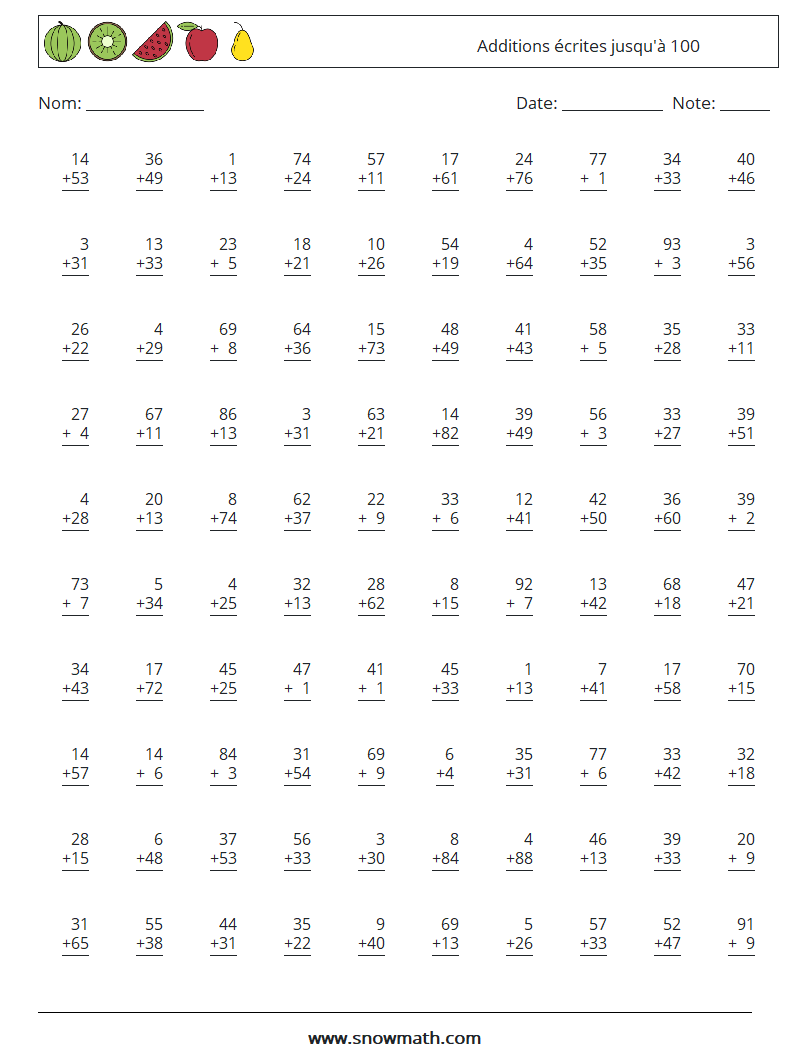 (100) Additions écrites jusqu'à 100 Fiches d'Exercices de Mathématiques 16