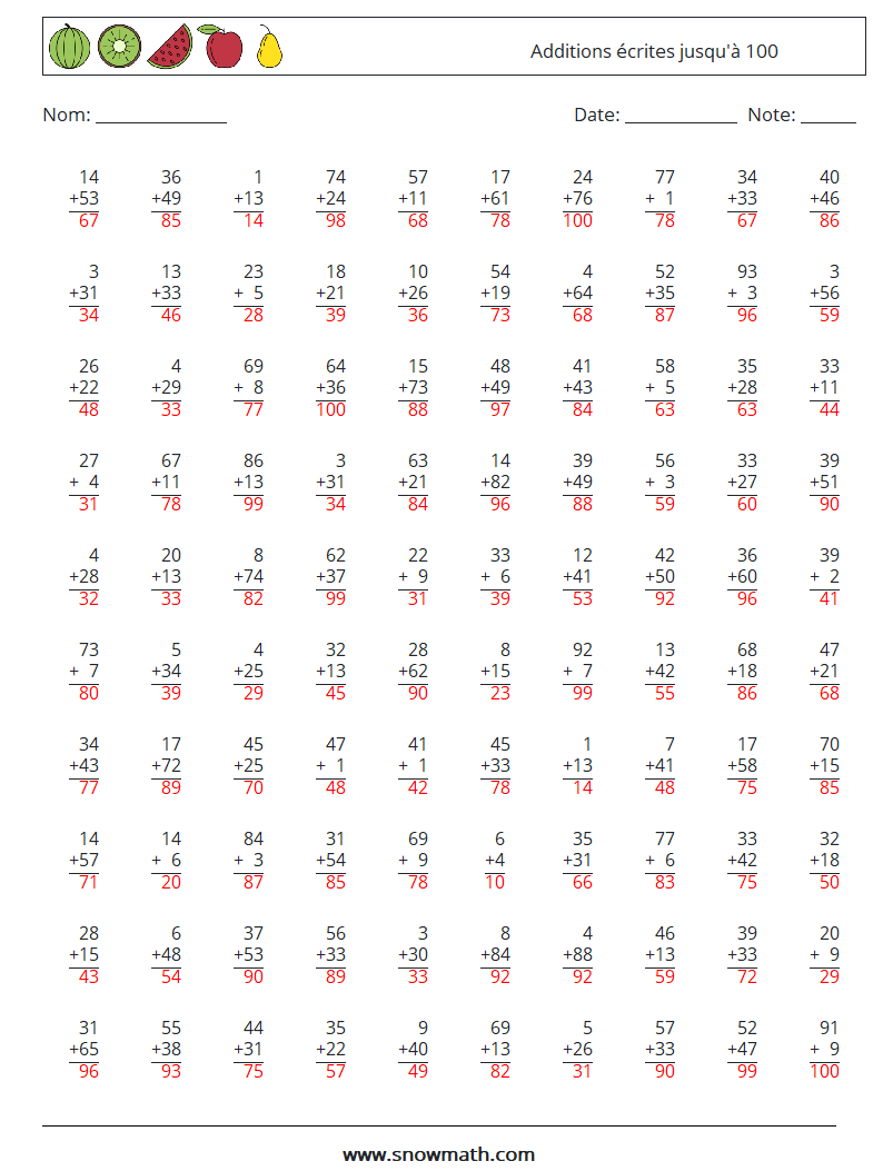 (100) Additions écrites jusqu'à 100 Fiches d'Exercices de Mathématiques 16 Question, Réponse