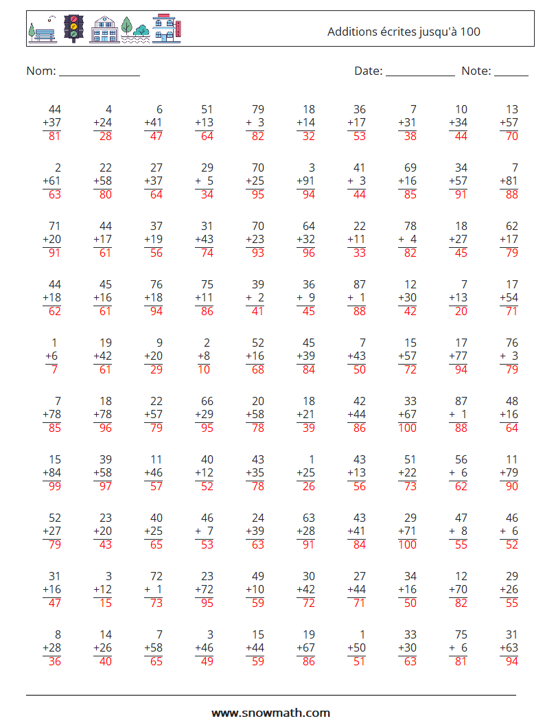 (100) Additions écrites jusqu'à 100 Fiches d'Exercices de Mathématiques 1 Question, Réponse