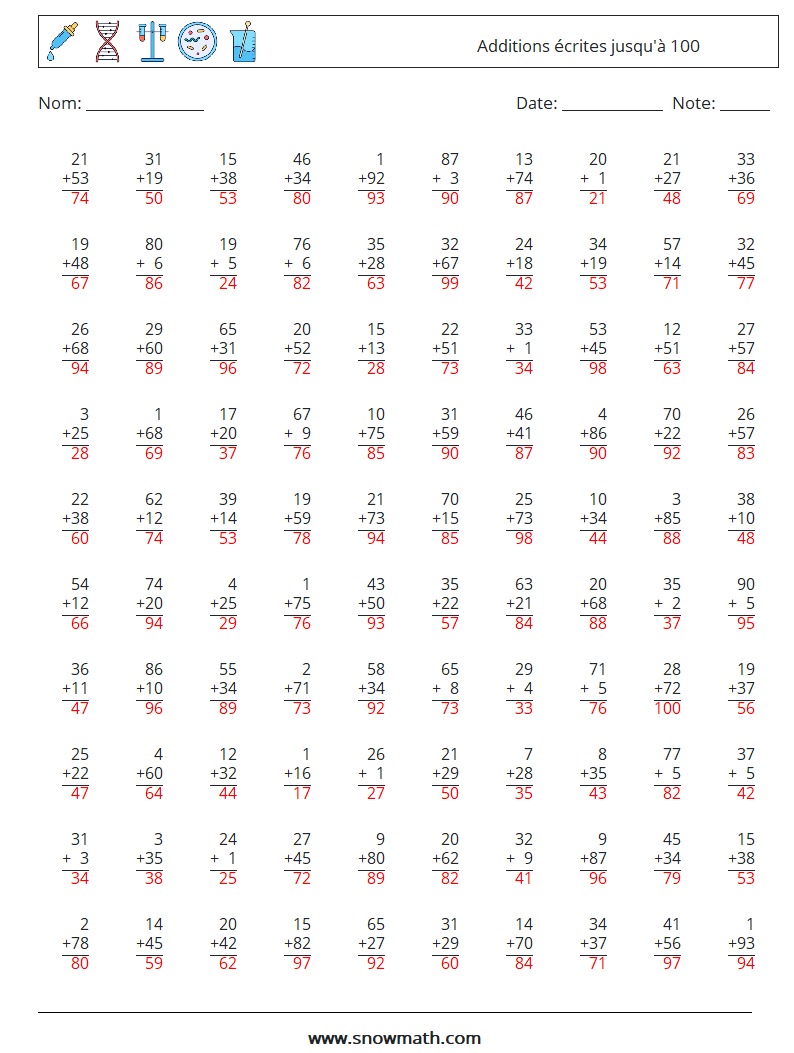 (100) Additions écrites jusqu'à 100 Fiches d'Exercices de Mathématiques 3 Question, Réponse