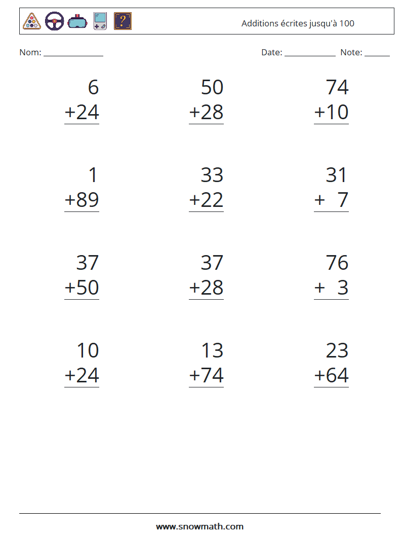 (12) Additions écrites jusqu'à 100 Fiches d'Exercices de Mathématiques 1