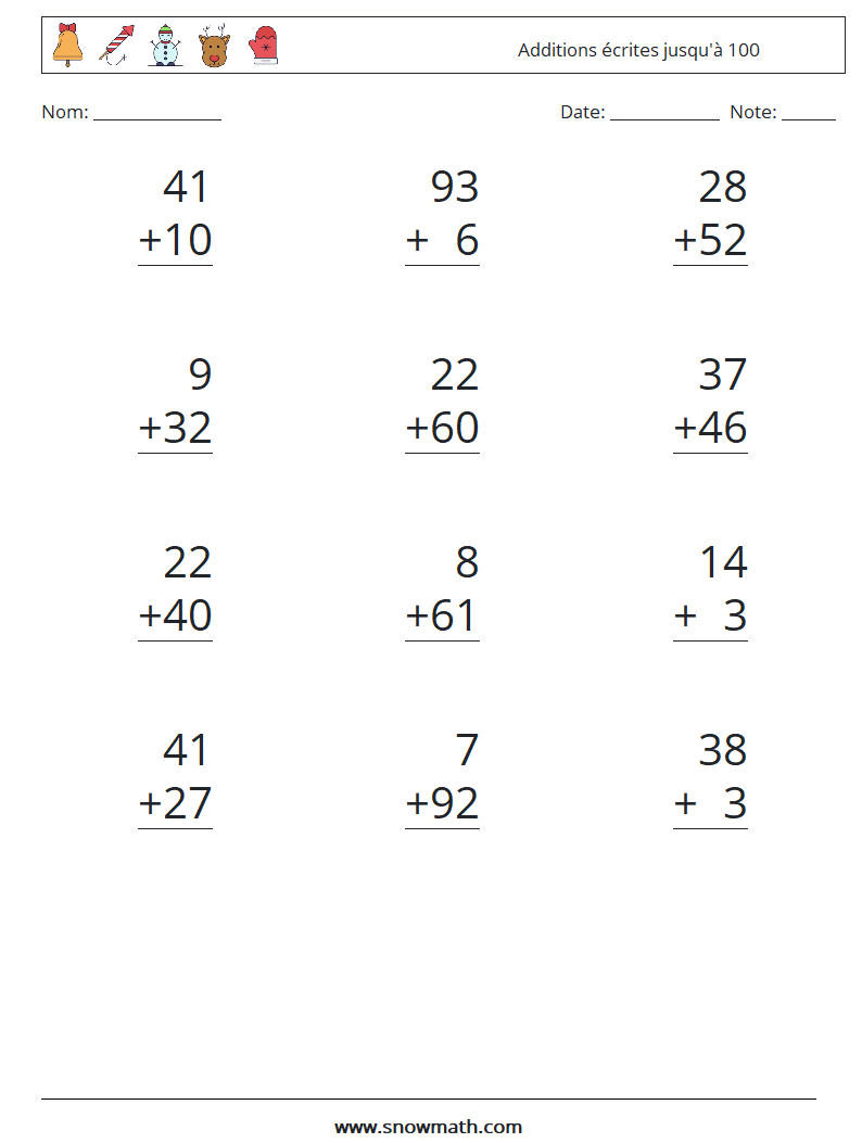 (12) Additions écrites jusqu'à 100 Fiches d'Exercices de Mathématiques 10