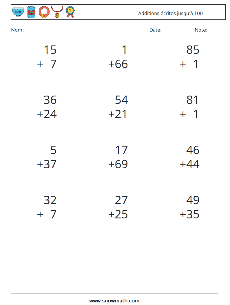 (12) Additions écrites jusqu'à 100 Fiches d'Exercices de Mathématiques 11