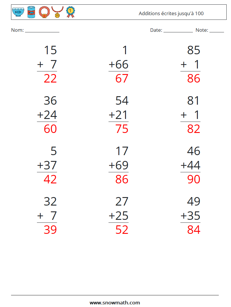 (12) Additions écrites jusqu'à 100 Fiches d'Exercices de Mathématiques 11 Question, Réponse