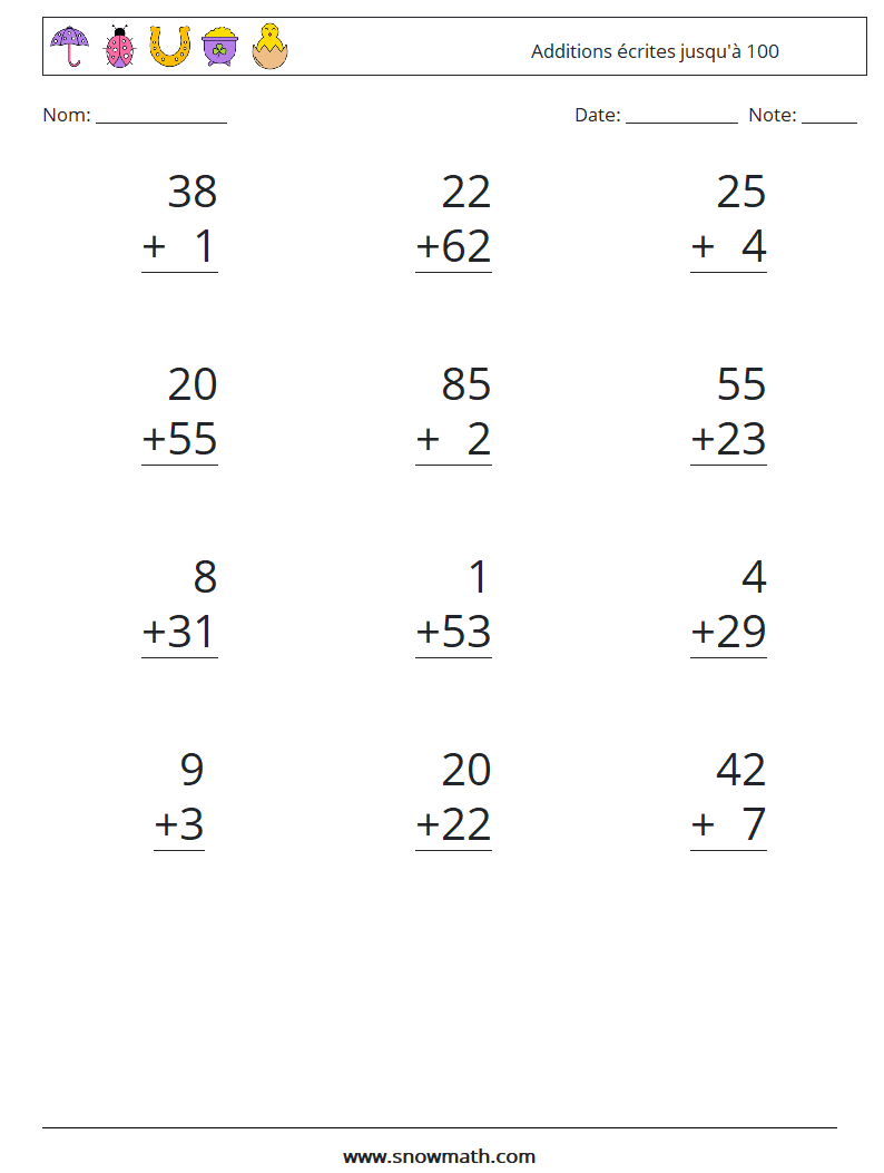 (12) Additions écrites jusqu'à 100 Fiches d'Exercices de Mathématiques 12