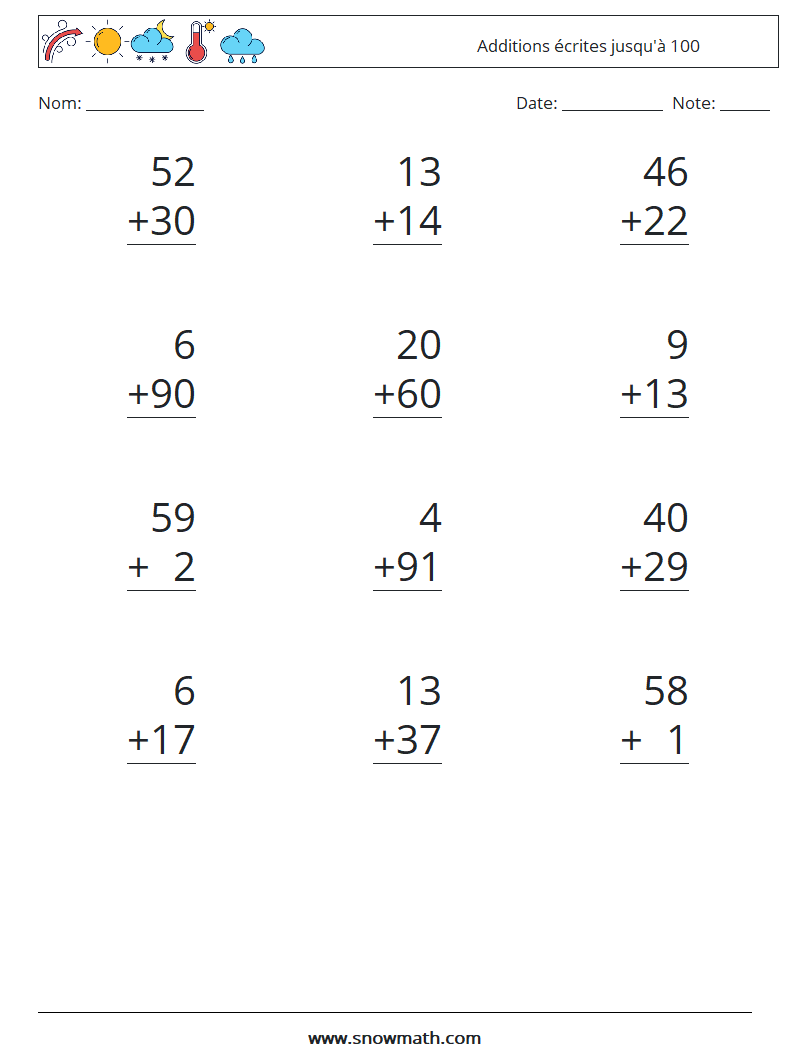 (12) Additions écrites jusqu'à 100 Fiches d'Exercices de Mathématiques 13