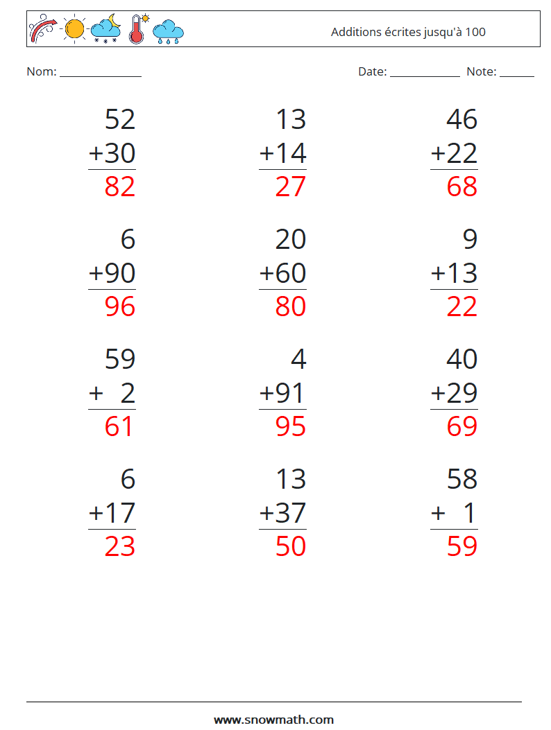 (12) Additions écrites jusqu'à 100 Fiches d'Exercices de Mathématiques 13 Question, Réponse