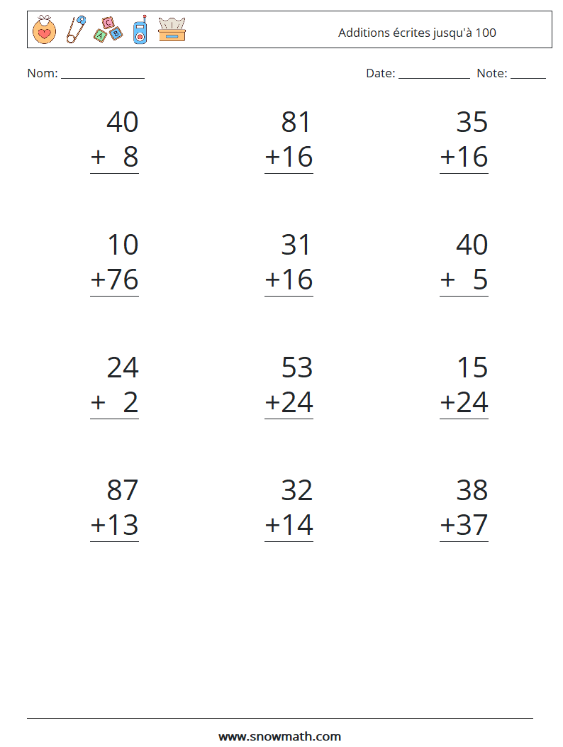 (12) Additions écrites jusqu'à 100 Fiches d'Exercices de Mathématiques 14