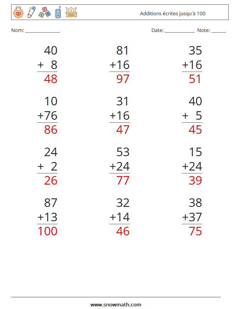 (12) Additions écrites jusqu'à 100 Fiches d'Exercices de Mathématiques 14 Question, Réponse