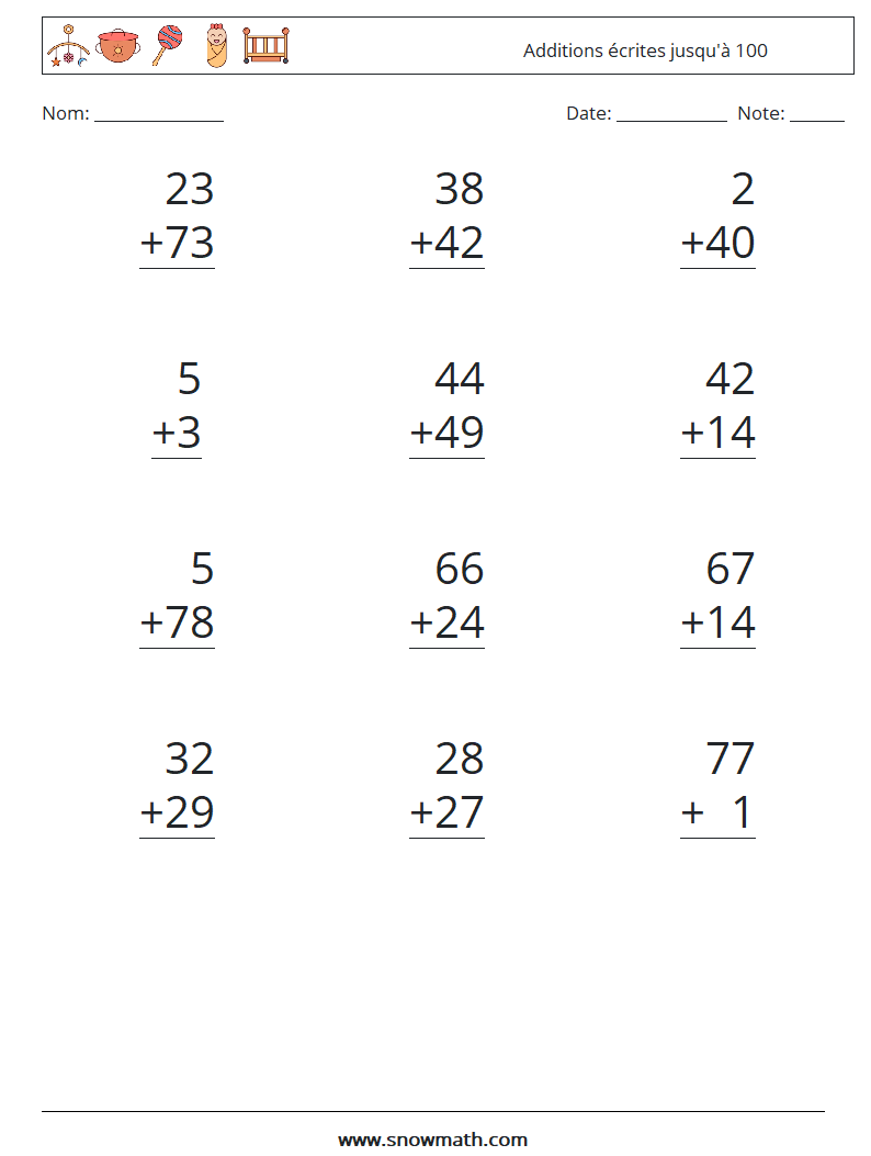 (12) Additions écrites jusqu'à 100 Fiches d'Exercices de Mathématiques 15