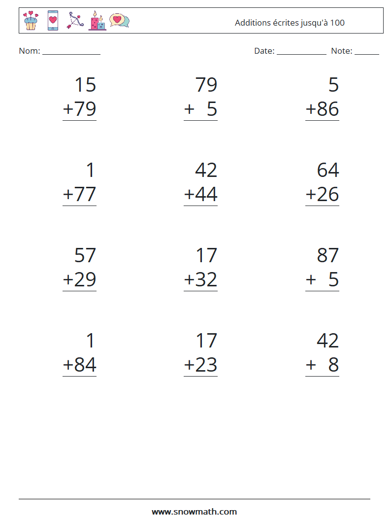 (12) Additions écrites jusqu'à 100 Fiches d'Exercices de Mathématiques 16