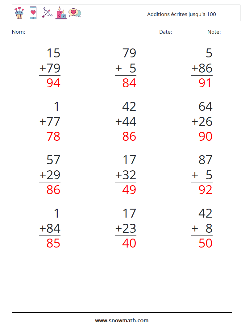 (12) Additions écrites jusqu'à 100 Fiches d'Exercices de Mathématiques 16 Question, Réponse