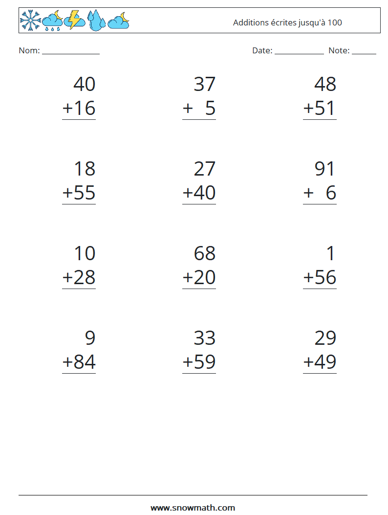(12) Additions écrites jusqu'à 100 Fiches d'Exercices de Mathématiques 17
