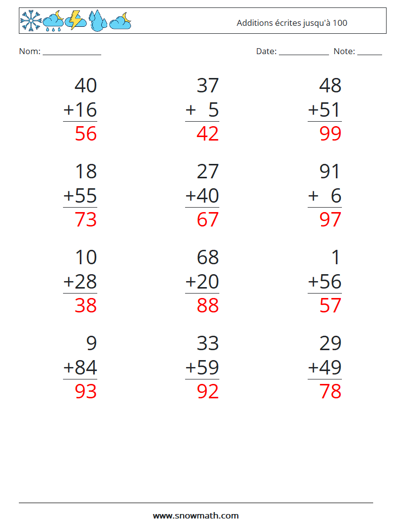 (12) Additions écrites jusqu'à 100 Fiches d'Exercices de Mathématiques 17 Question, Réponse
